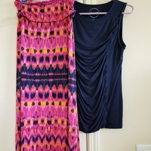 Bright color maxi skirt with navy blue rushed tank